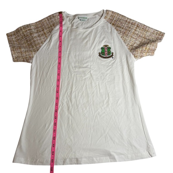 Ivy Storehouse AKA Tweed Sleeve T-Shirt Sorority Green Pink Gold Tweed S - Picture 4 of 8